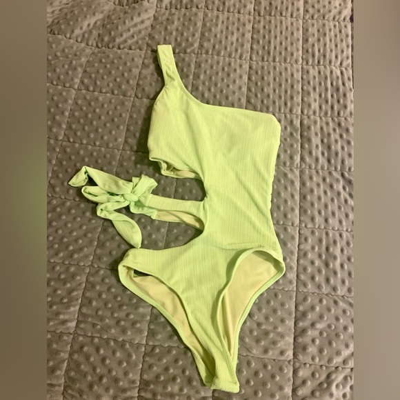 Just Add Water Lime Green Ribbed One-Shoulder Side-Tie Swimsuit - Picture 5 of 5